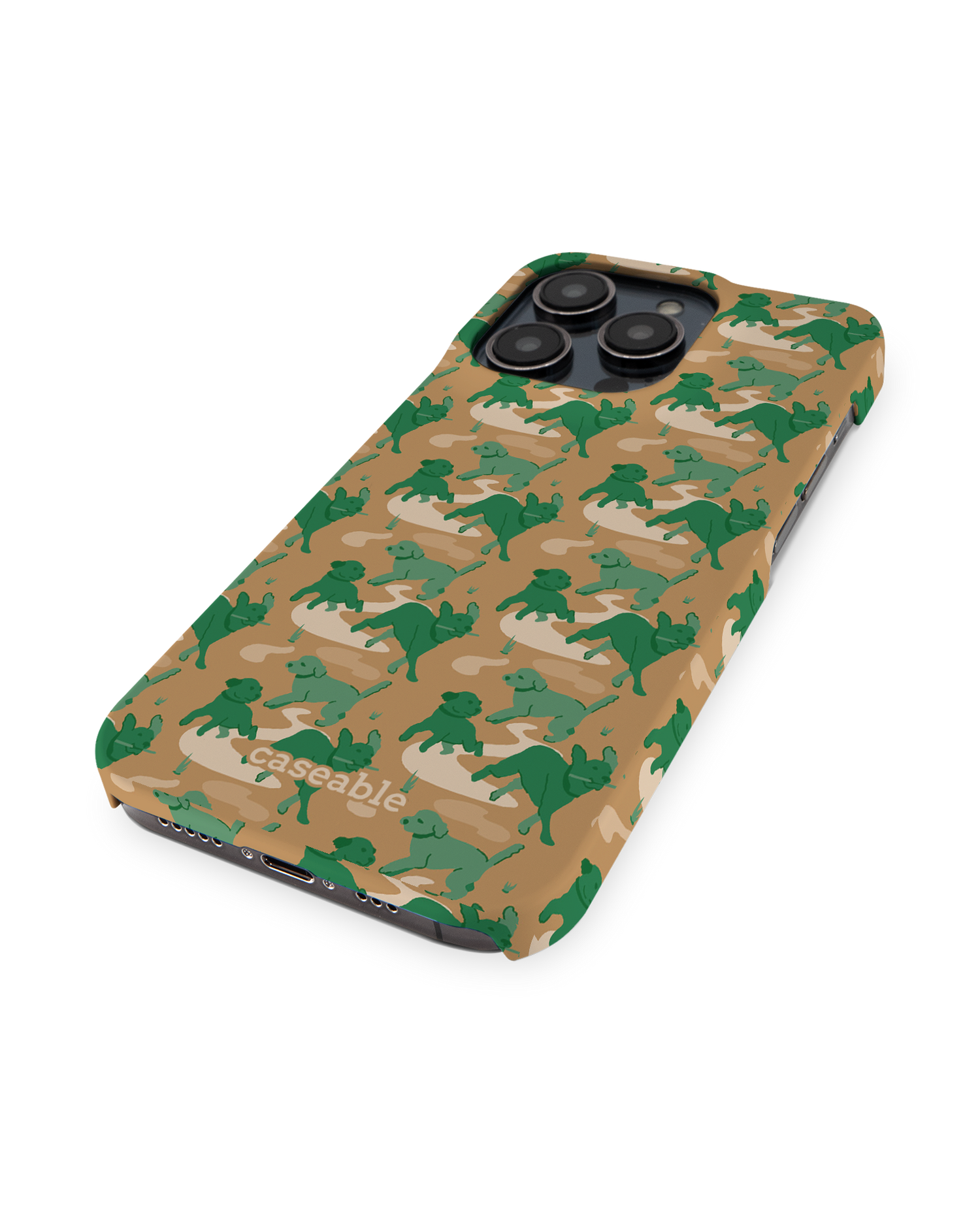 Dog Camo Hard Shell Phone Case for Apple iPhone 14 Pro: Perspective view