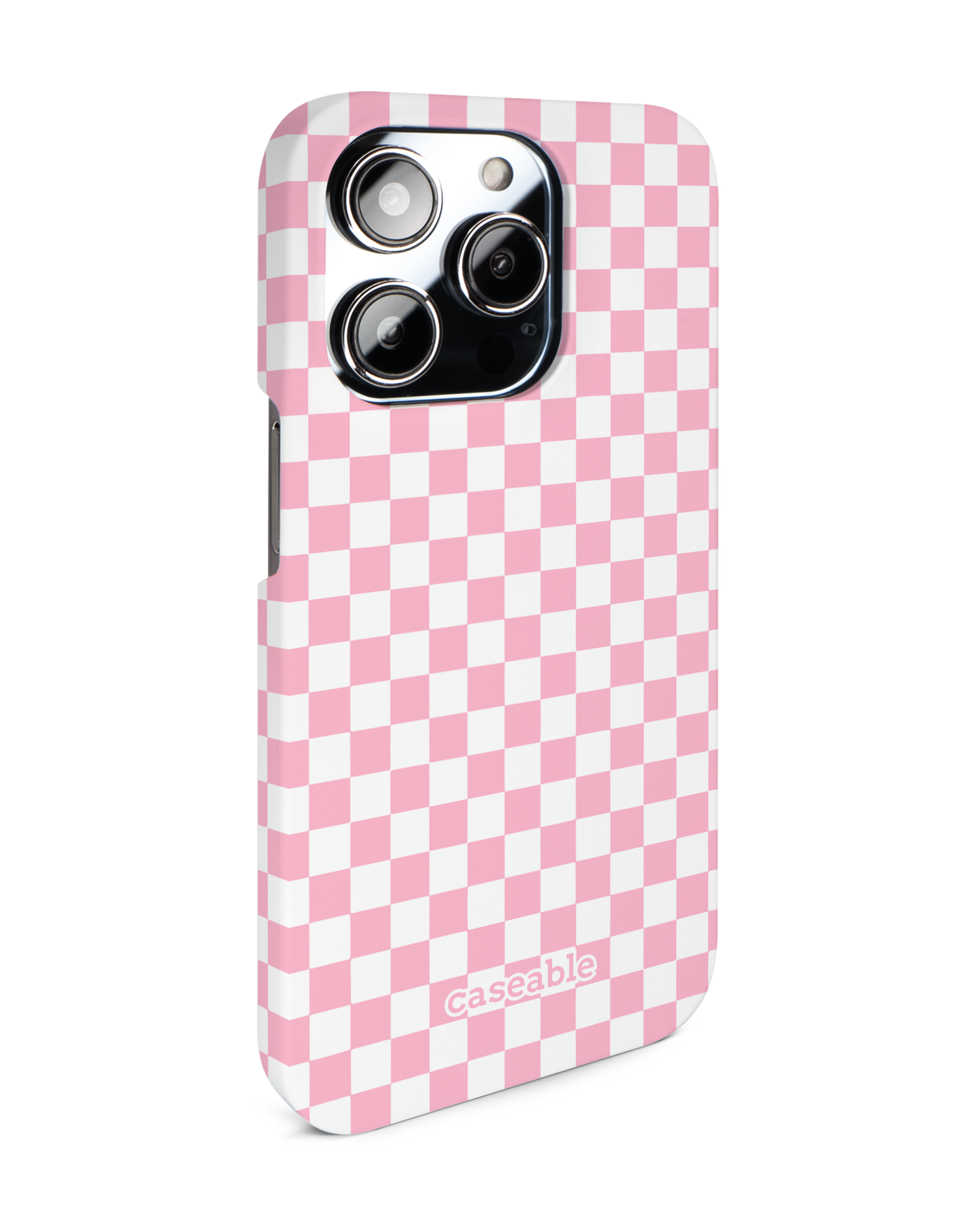 Pink Checkerboard Hard Shell Phone Case for Apple iPhone 14 Pro: View from the left side