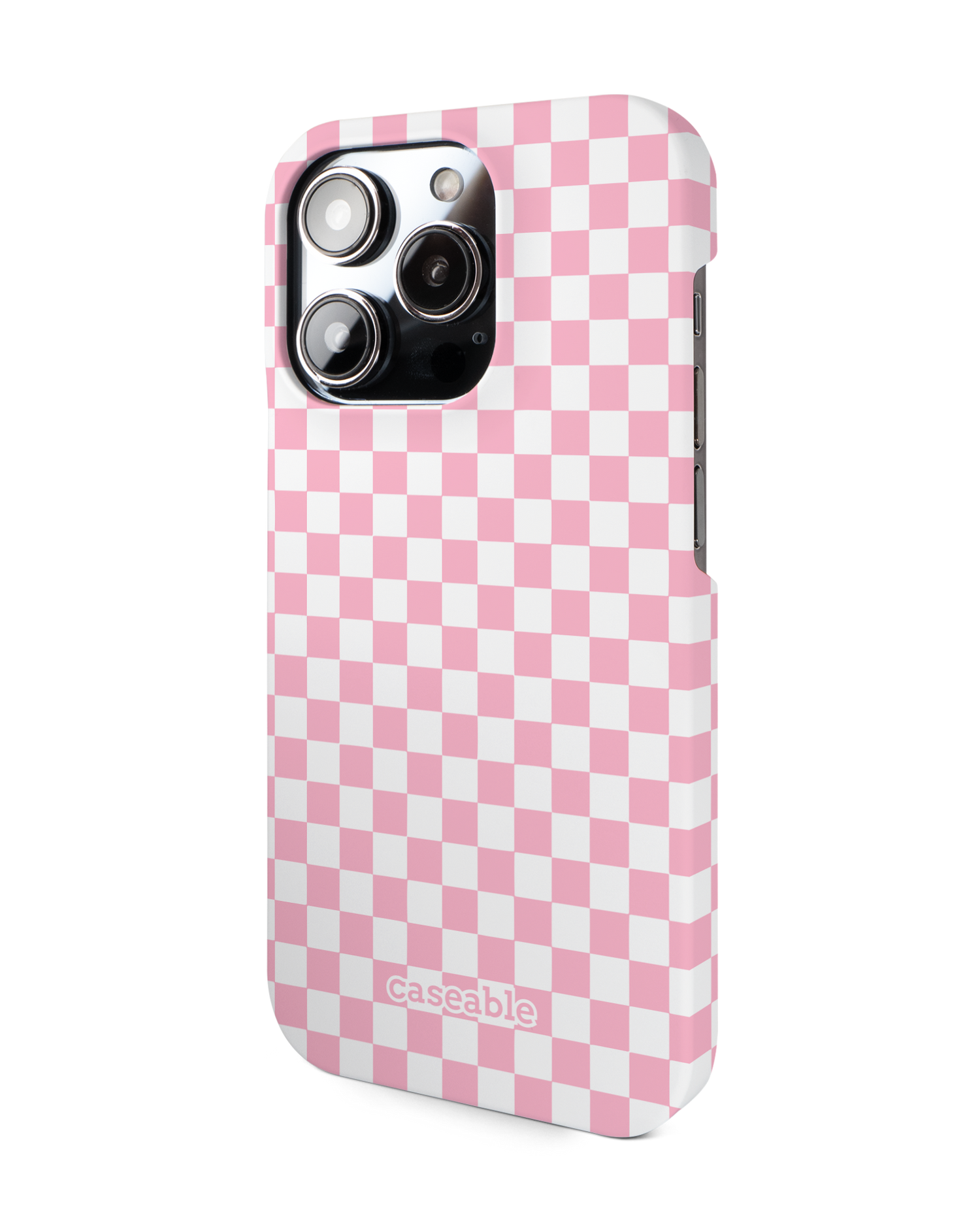 Pink Checkerboard Hard Shell Phone Case for Apple iPhone 14 Pro: View from the right side