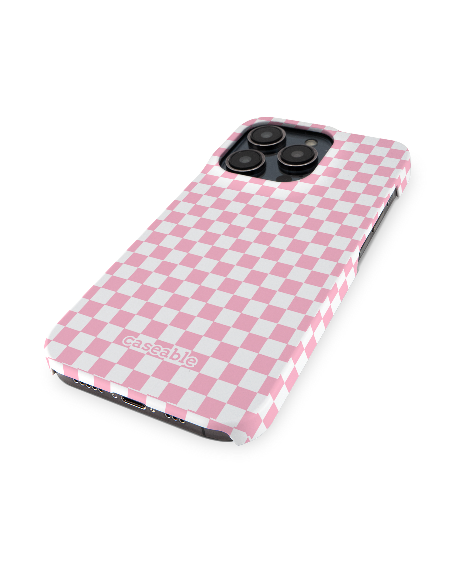 Pink Checkerboard Hard Shell Phone Case for Apple iPhone 14 Pro: Perspective view