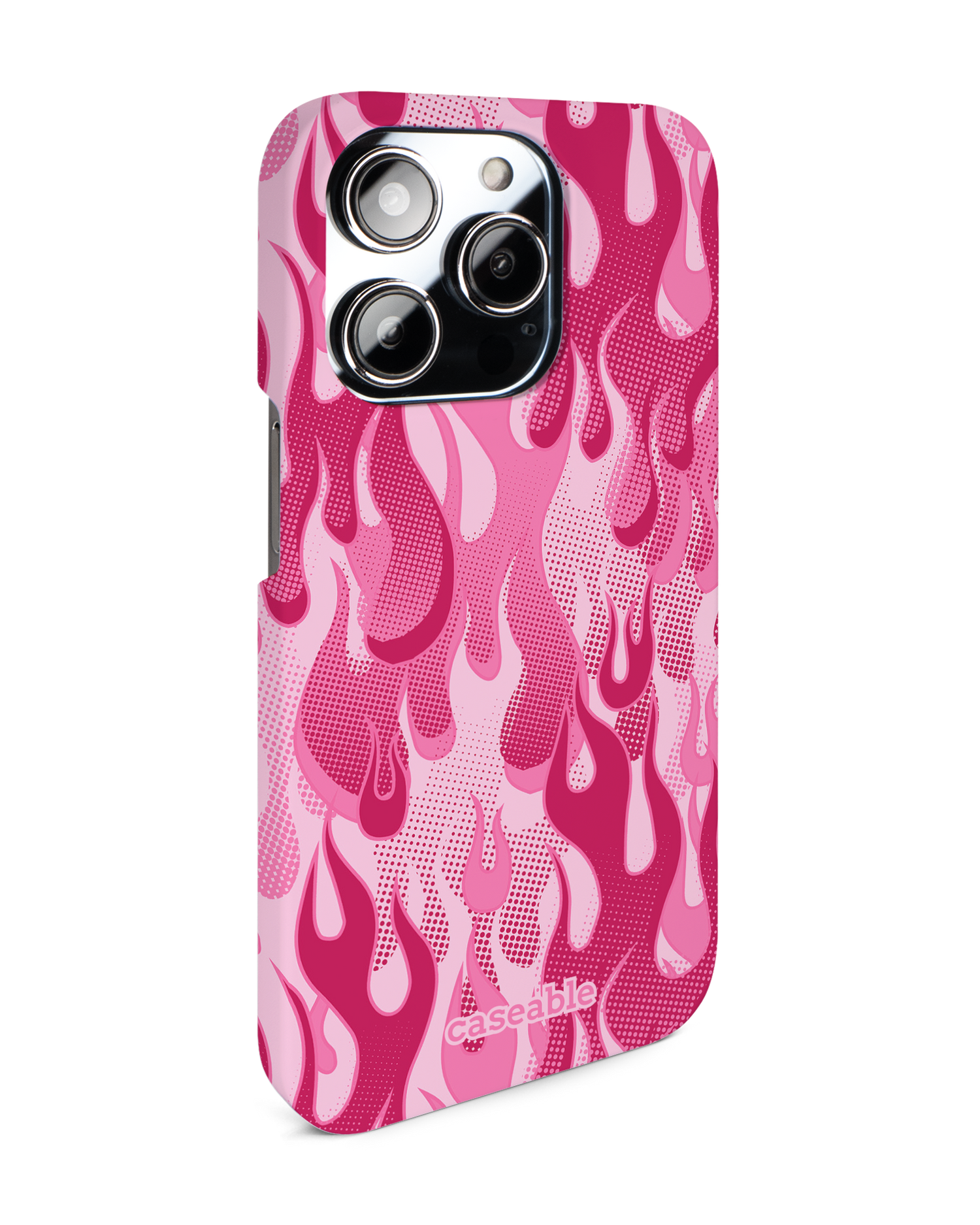 Pink Flames Hard Shell Phone Case for Apple iPhone 14 Pro: View from the left side