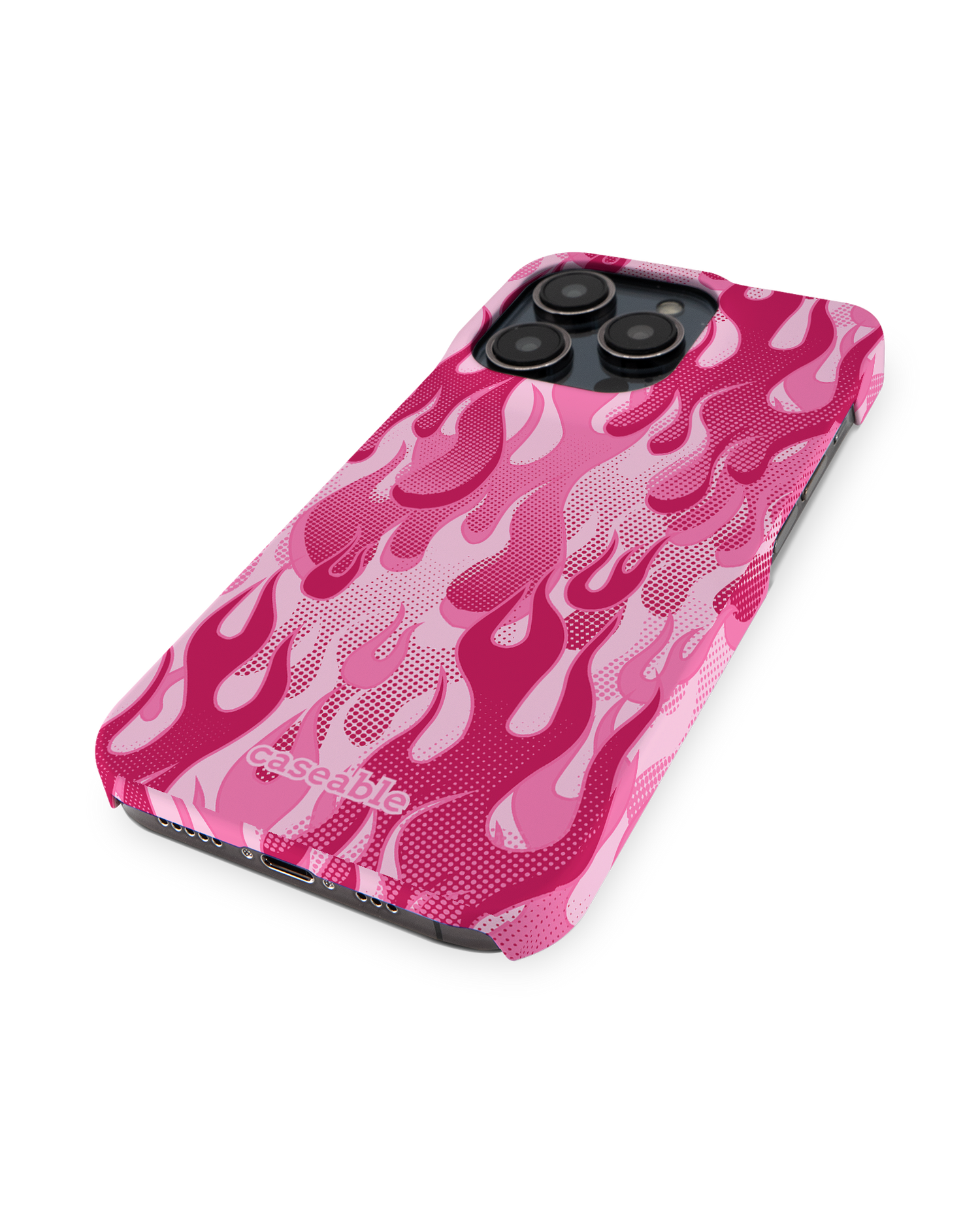 Pink Flames Hard Shell Phone Case for Apple iPhone 14 Pro: Perspective view