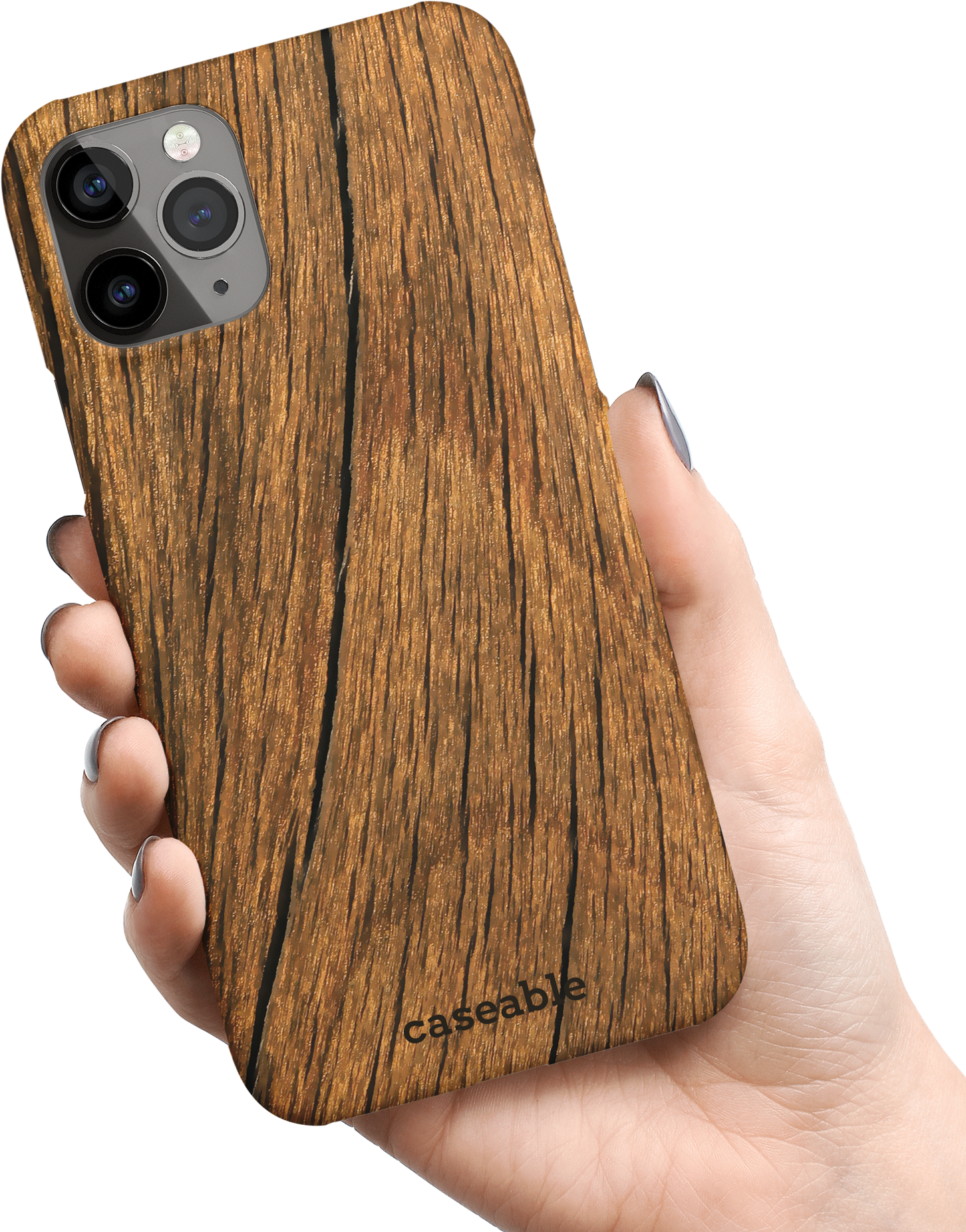 Wood Hard Shell Phone Case Apple iPhone 11 Pro held in hand