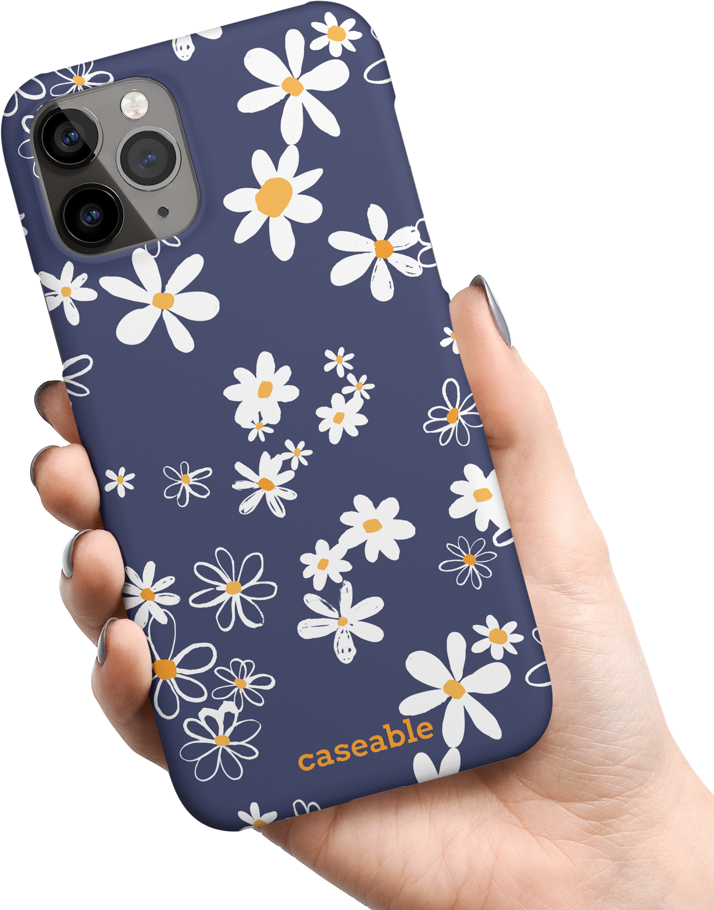 Navy Daisies Hard Shell Phone Case Apple iPhone 11 Pro held in hand