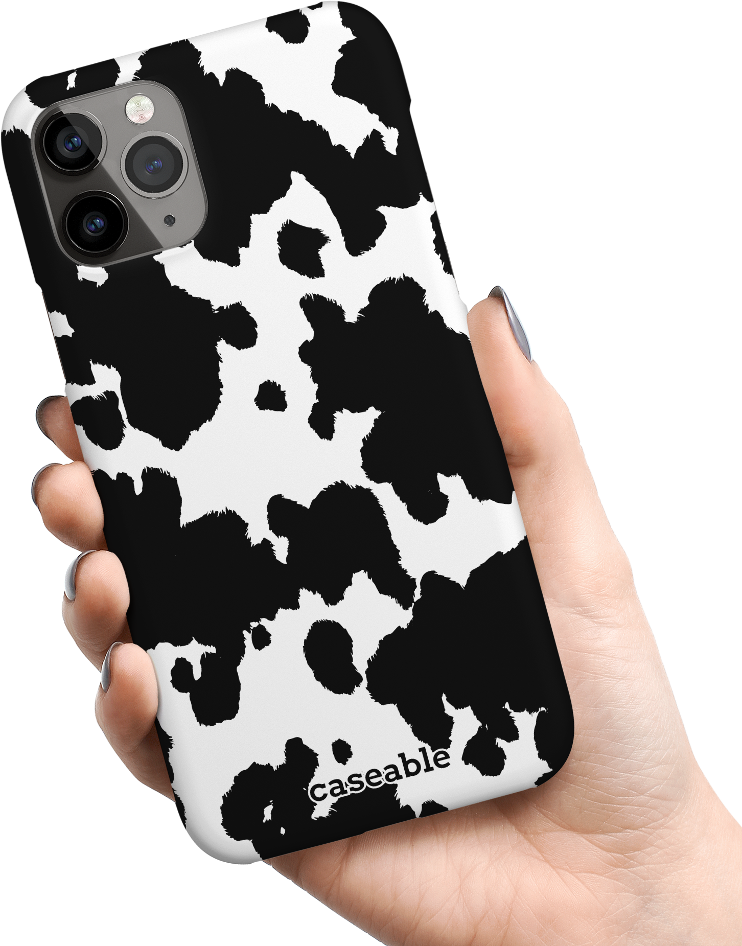 Cow Print Hard Shell Phone Case Apple iPhone 11 Pro held in hand