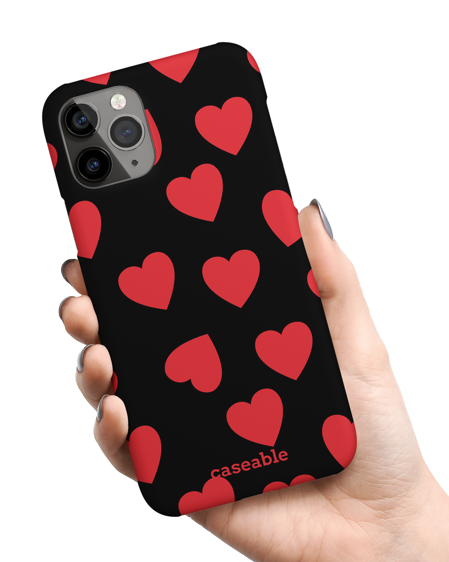 Repeating Hearts Hard Shell Phone Case Apple iPhone 11 Pro held in hand