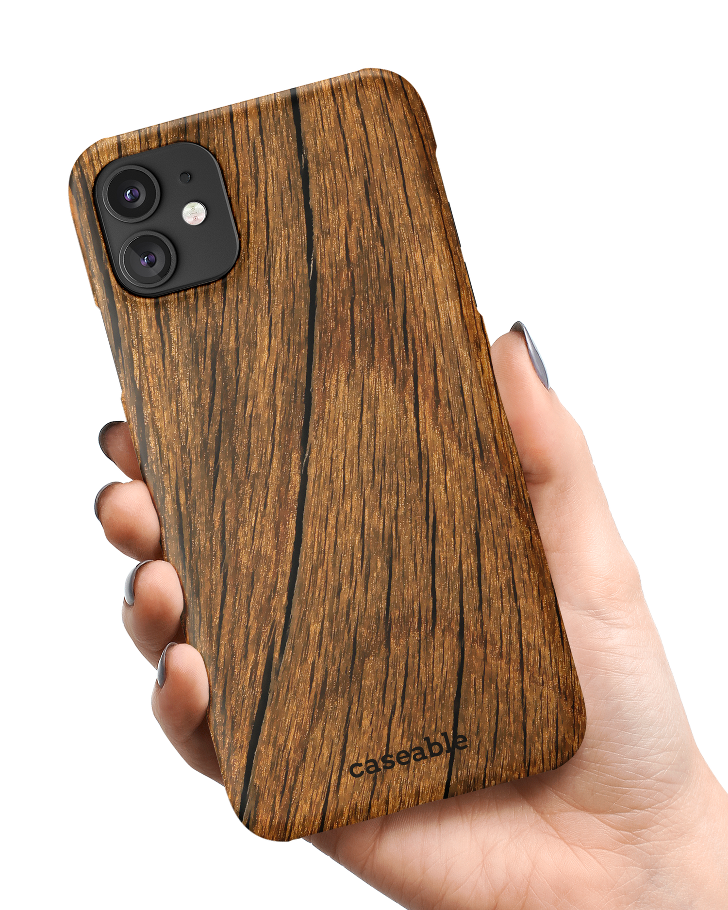Wood Hard Shell Phone Case Apple iPhone 11 held in hand