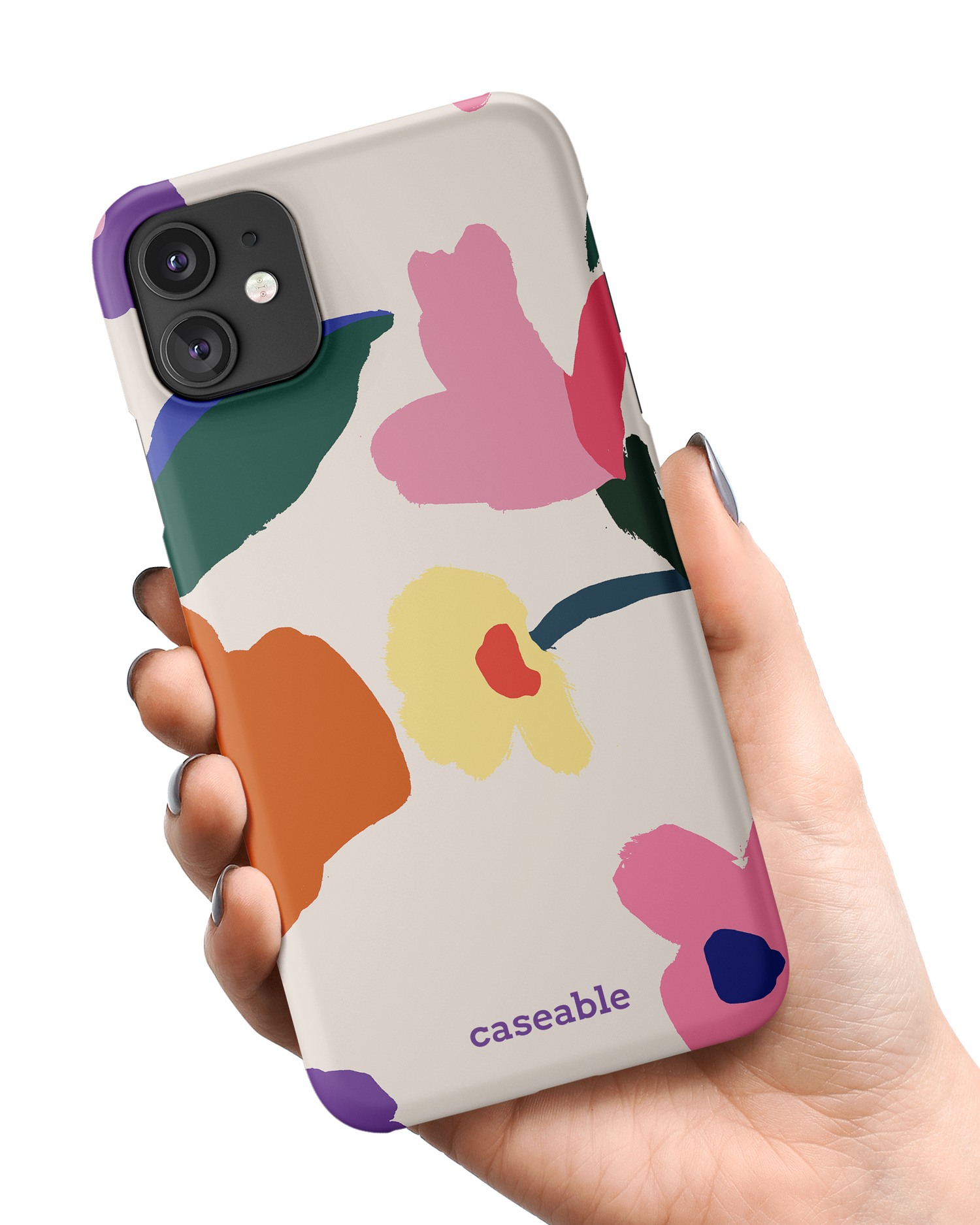 Handpainted Blooms Hard Shell Phone Case Apple iPhone 11 held in hand