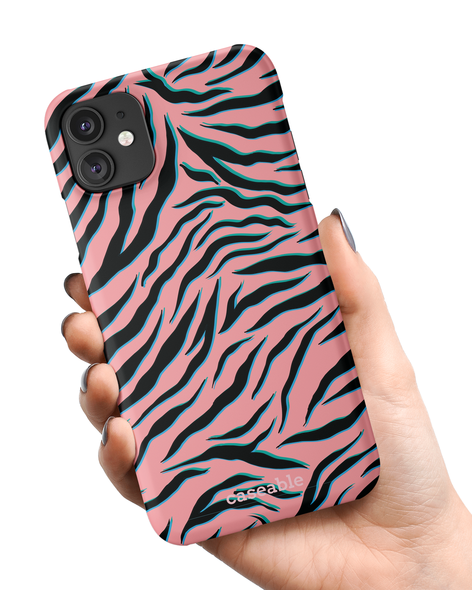 Pink Zebra Hard Shell Phone Case Apple iPhone 11 held in hand