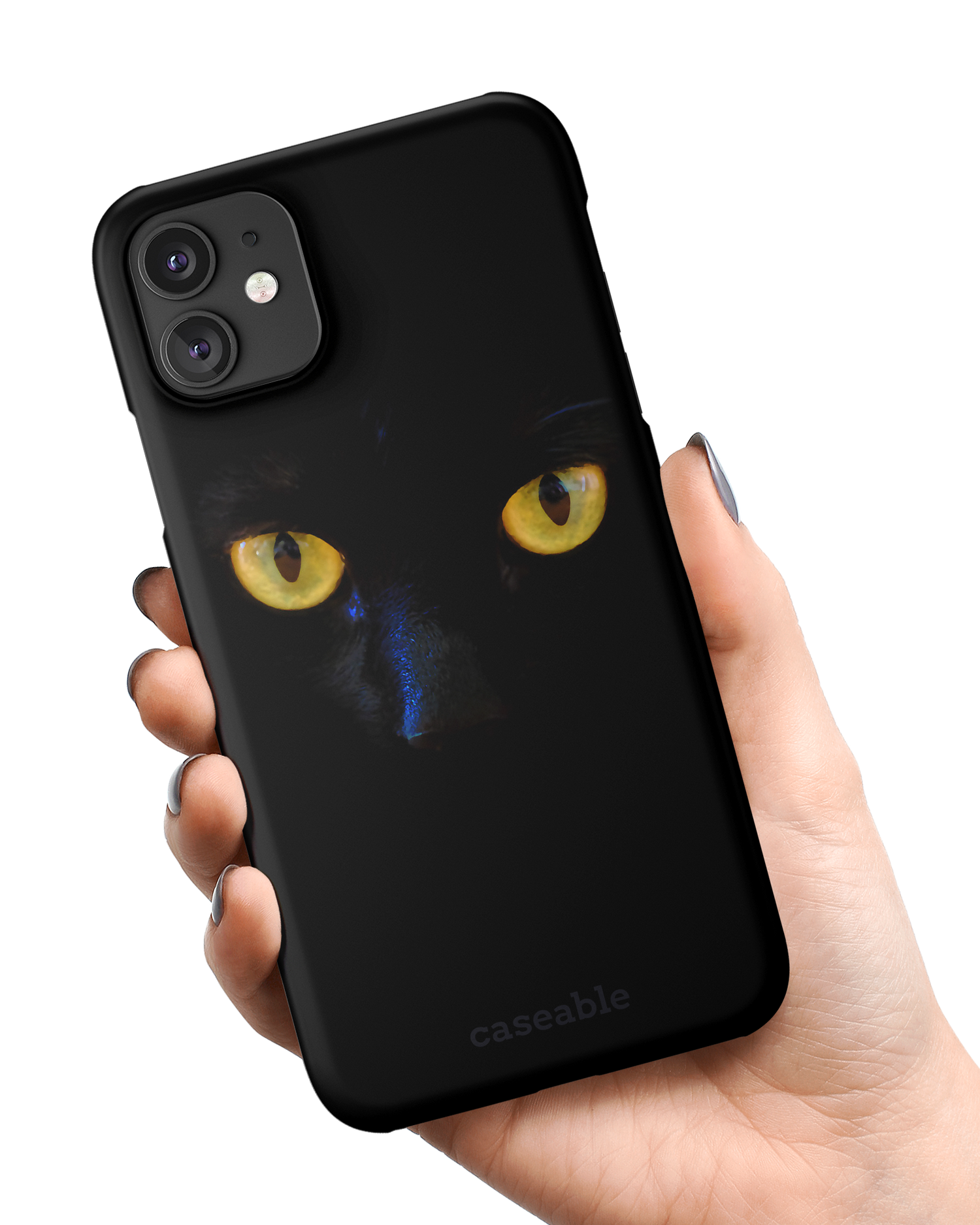 Black Cat Hard Shell Phone Case Apple iPhone 11 held in hand