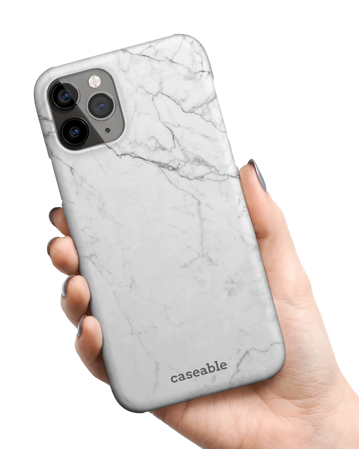 White Marble Hard Shell Phone Case Apple iPhone 11 Pro Max held in hand