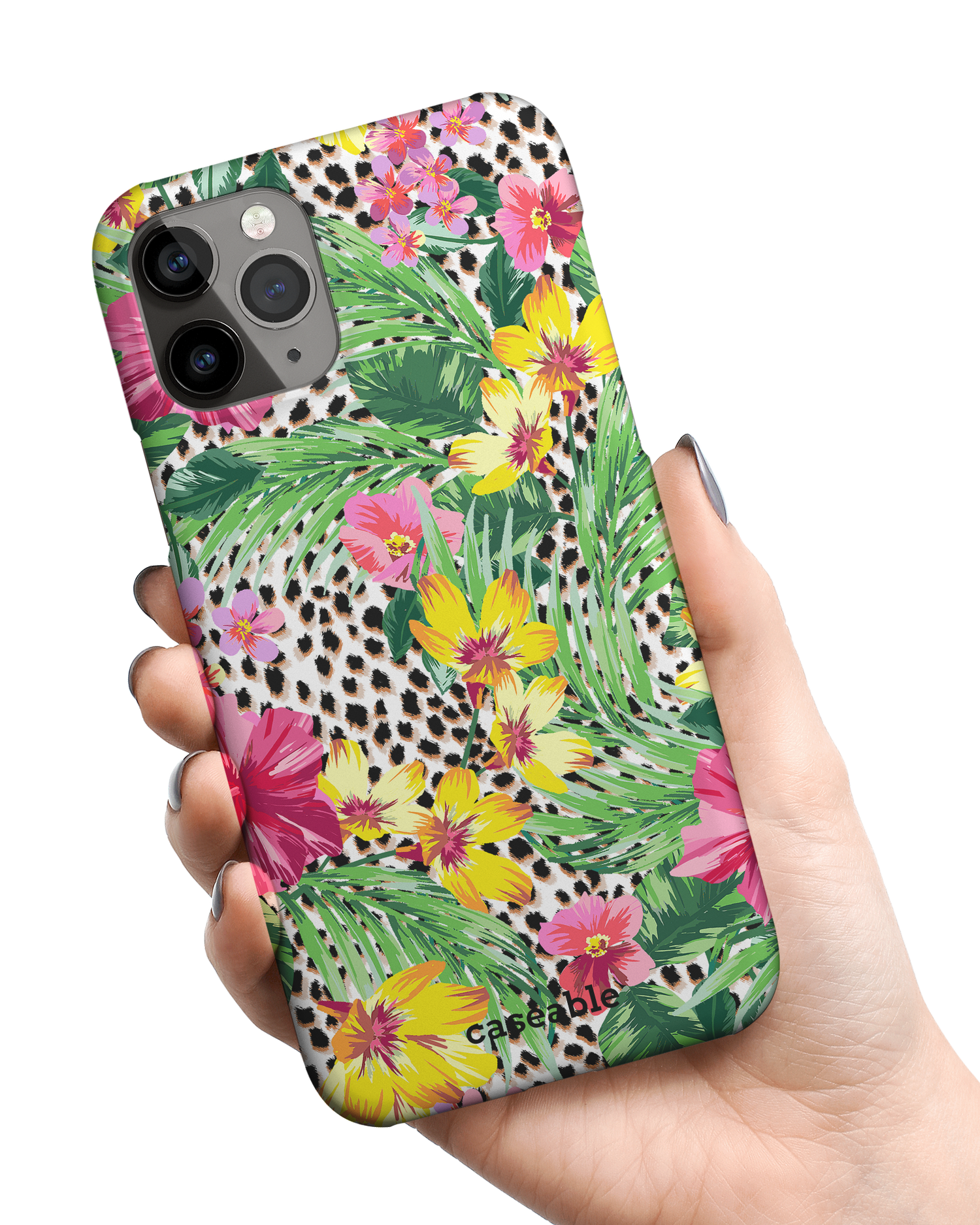 Tropical Cheetah Hard Shell Phone Case Apple iPhone 11 Pro Max held in hand