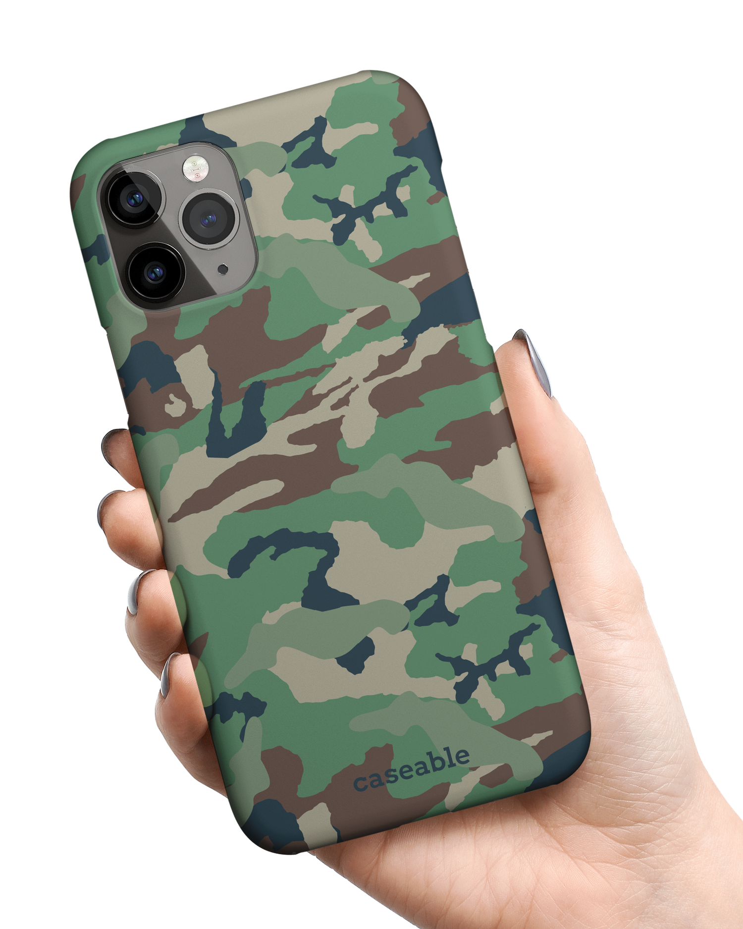 Green and Brown Camo Hard Shell Phone Case Apple iPhone 11 Pro Max held in hand
