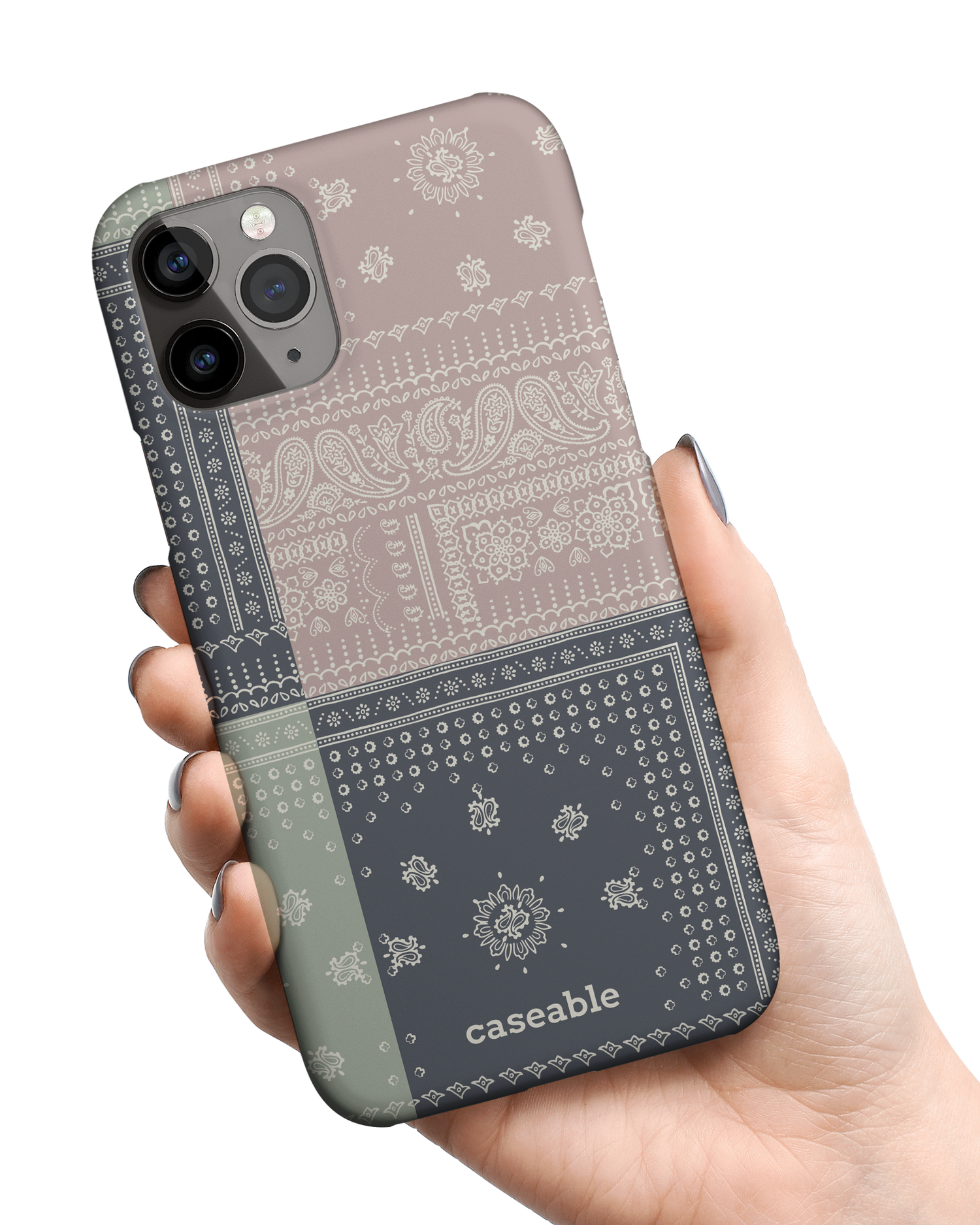 Bandana Patchwork Hard Shell Phone Case Apple iPhone 11 Pro Max held in hand