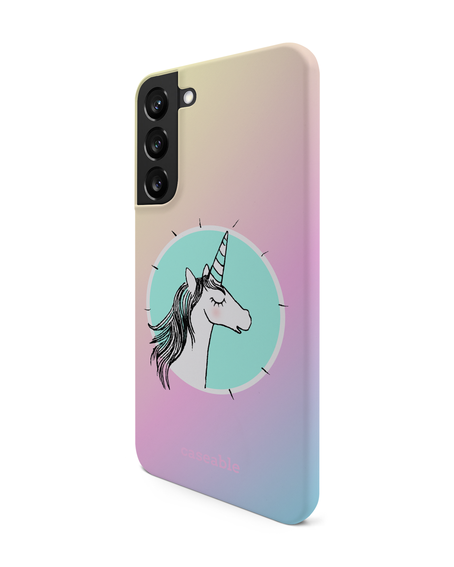 Happiness Unicorn Hard Shell Phone Case Samsung Galaxy S22 Plus 5G: View from the right side