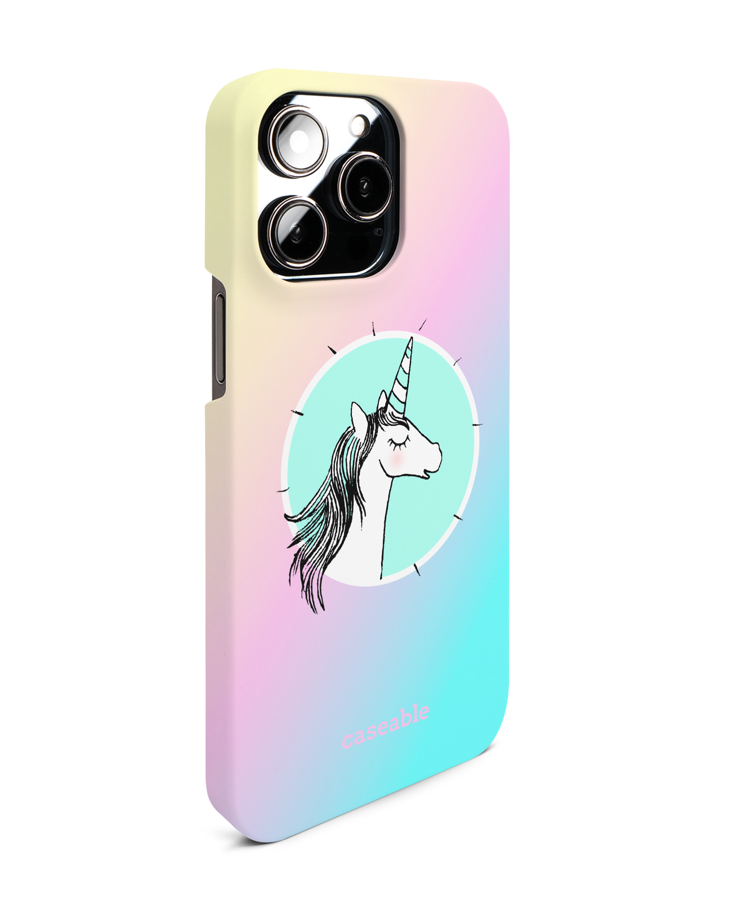 Happiness Unicorn Hard Shell Phone Case for Apple iPhone 14 Pro Max: View from the left side