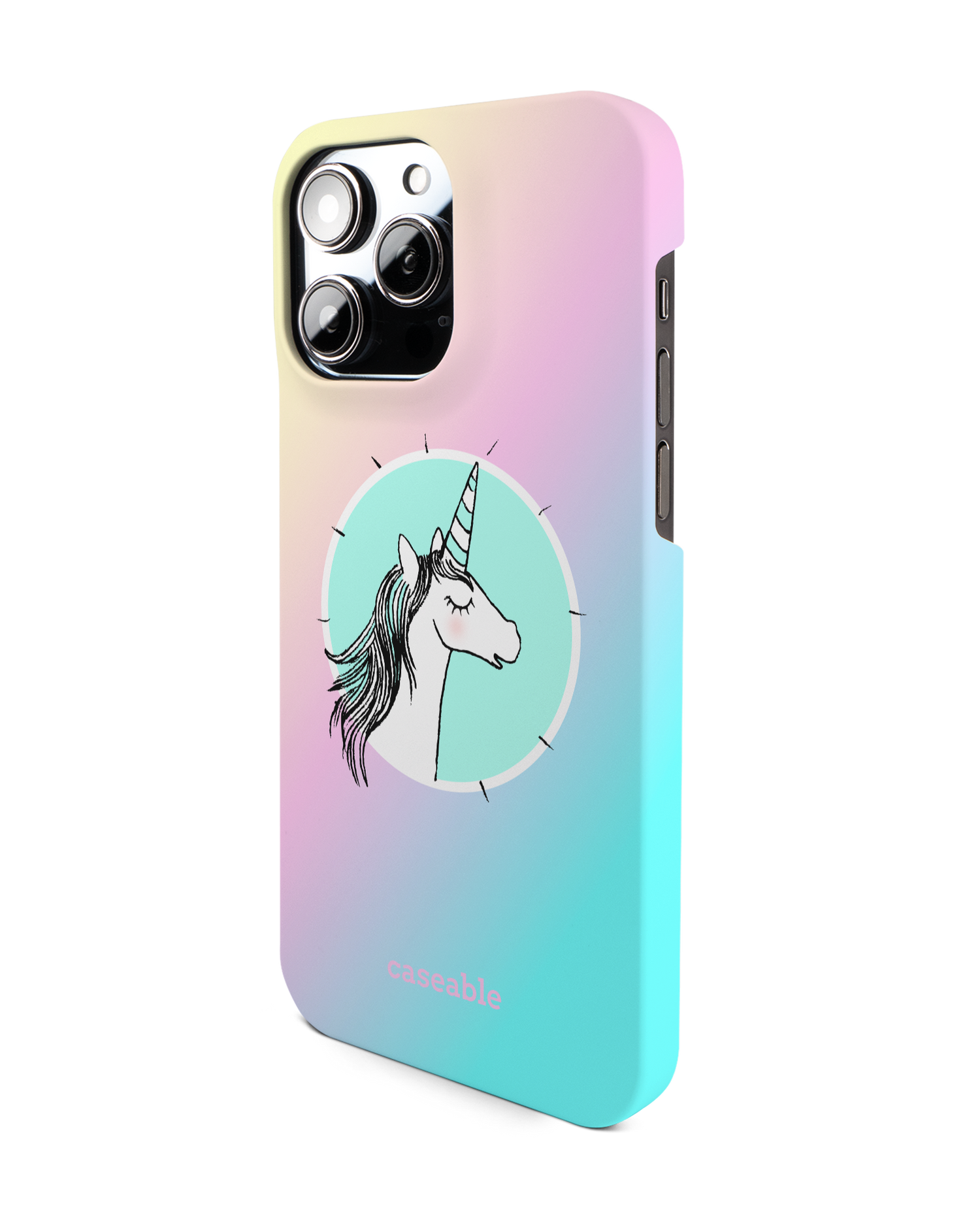 Happiness Unicorn Hard Shell Phone Case for Apple iPhone 14 Pro Max: View from the right side