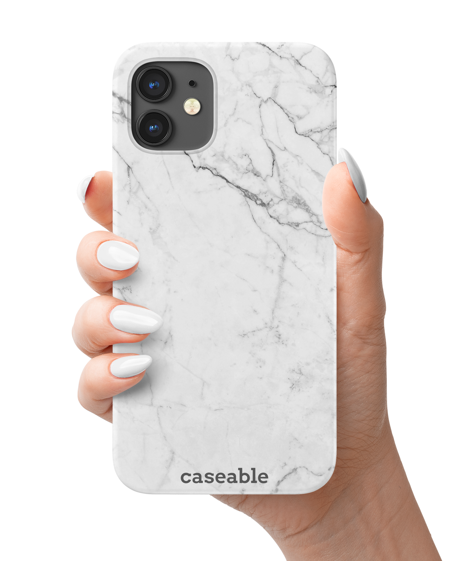 White Marble Hard Shell Phone Case Apple iPhone 12 mini held in hand