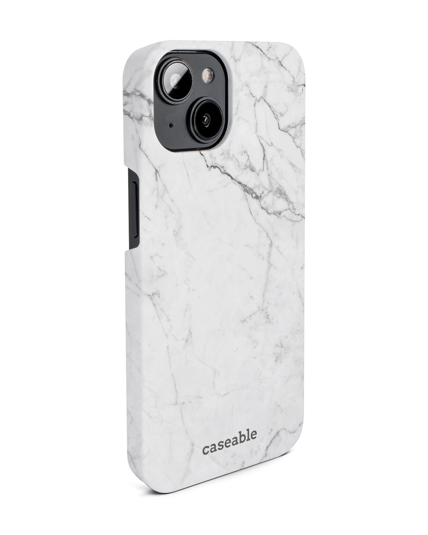 White Marble Hard Shell Phone Case for Apple iPhone 14: View from the left side