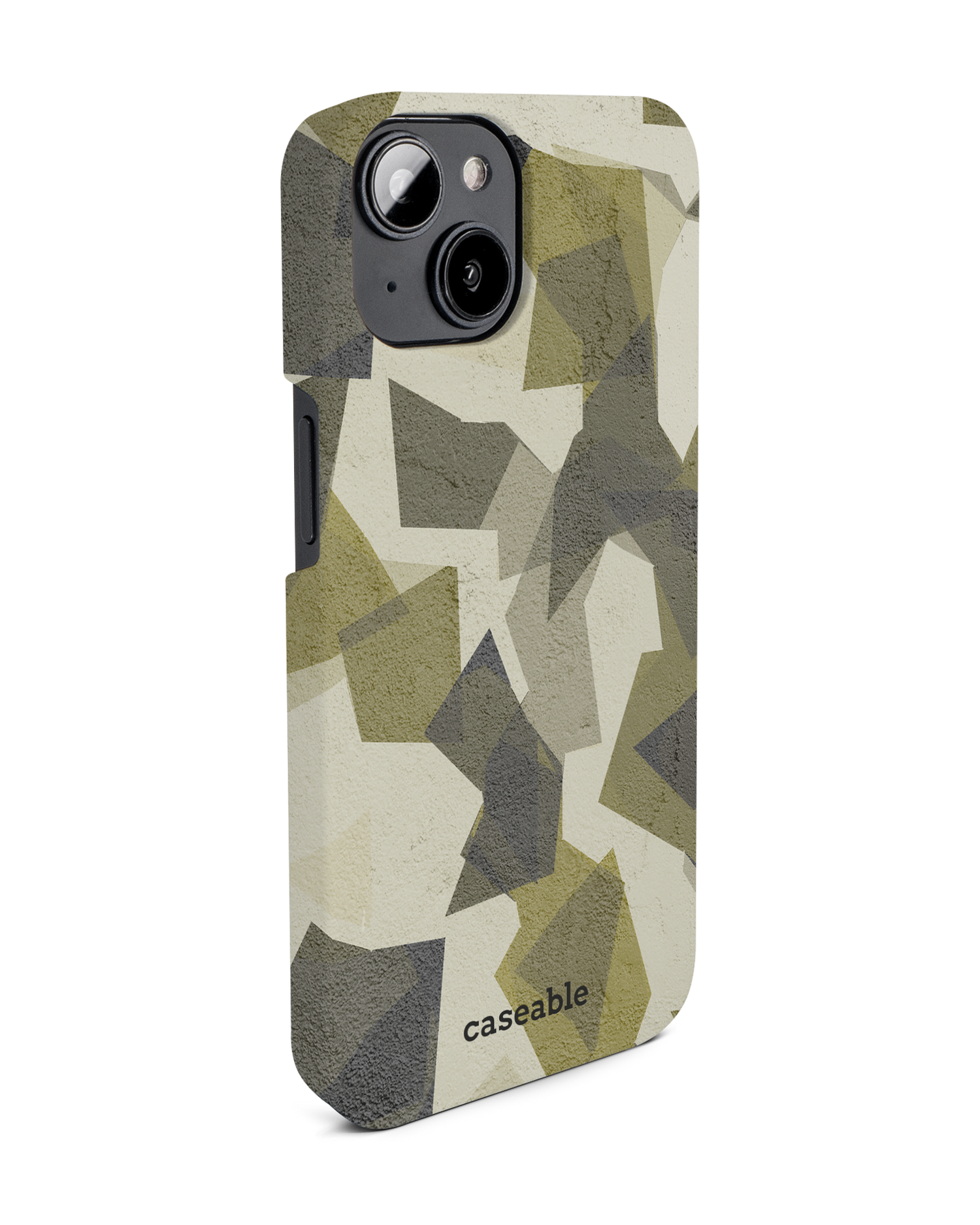 Geometric Camo Green Hard Shell Phone Case for Apple iPhone 14: View from the left side