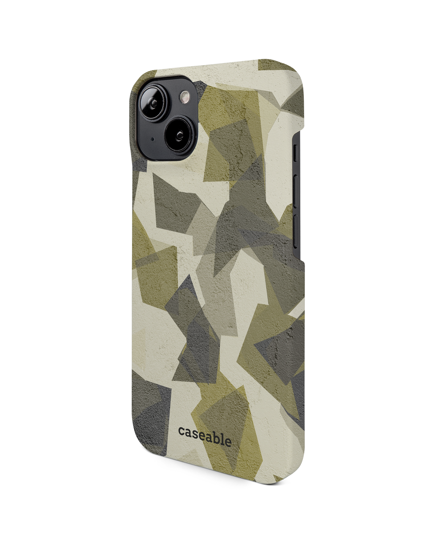 Geometric Camo Green Hard Shell Phone Case for Apple iPhone 14: View from the right side