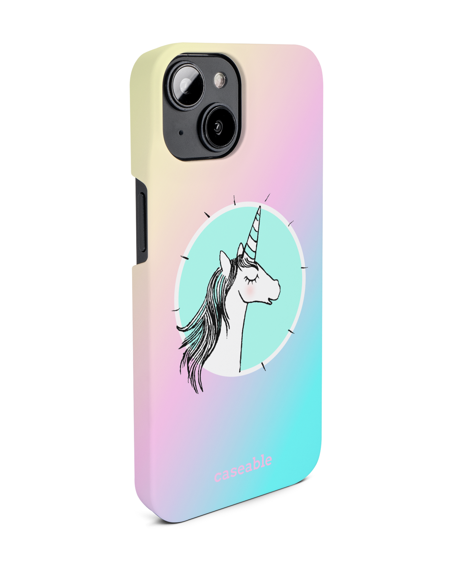 Happiness Unicorn Hard Shell Phone Case for Apple iPhone 14: View from the left side