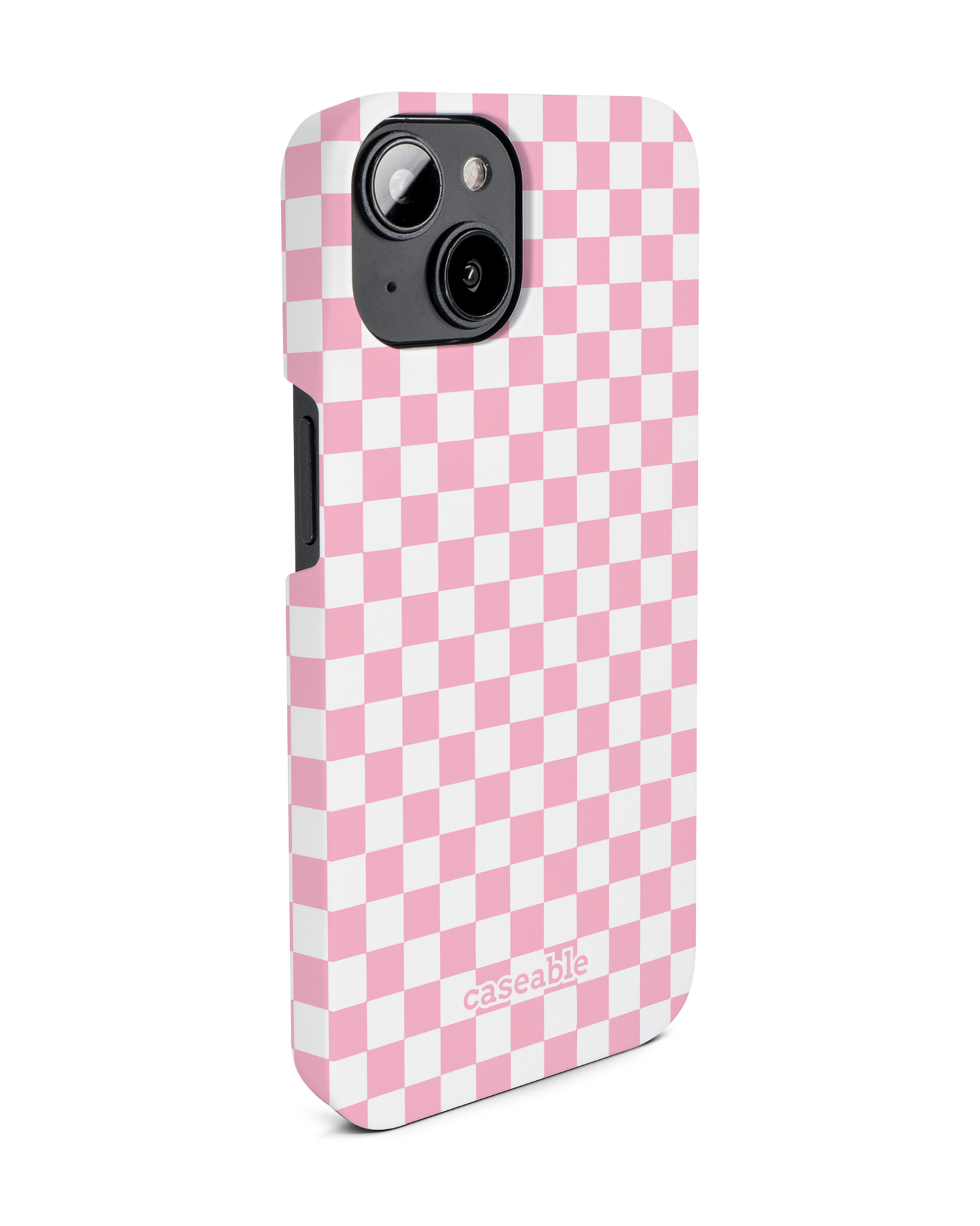 Pink Checkerboard Hard Shell Phone Case for Apple iPhone 14: View from the left side