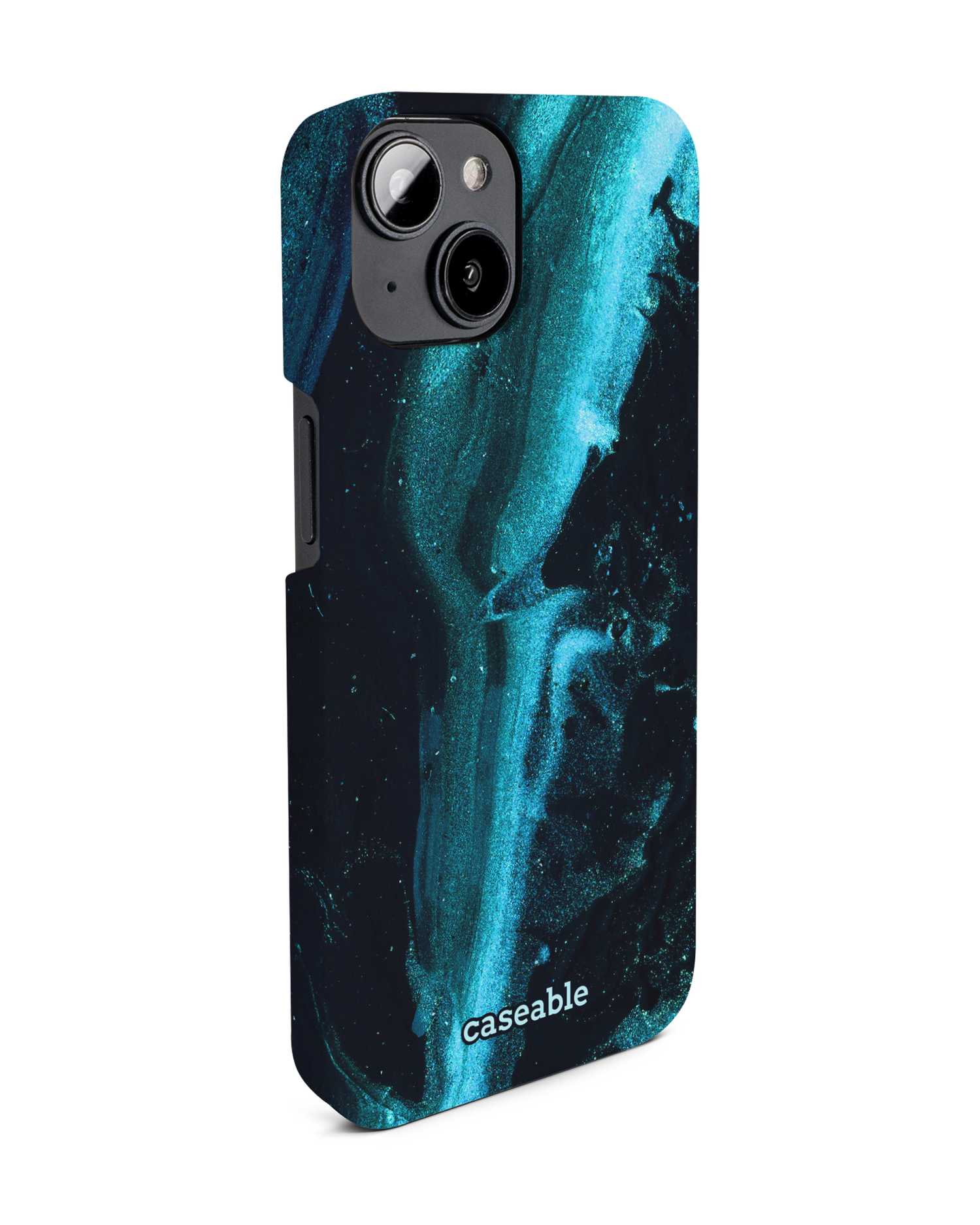 Deep Turquoise Sparkle Hard Shell Phone Case for Apple iPhone 14: View from the left side