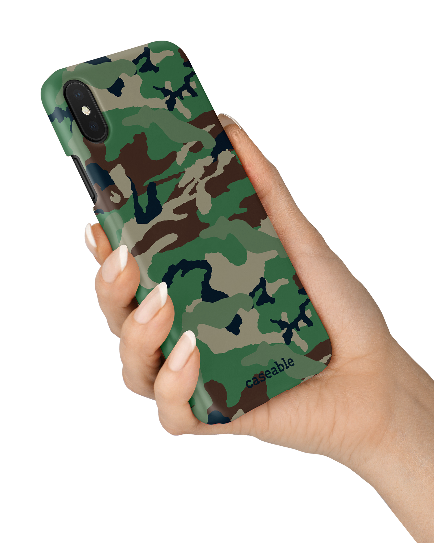 Green and Brown Camo Hard Shell Phone Case Apple iPhone X, Apple iPhone XS held in hand
