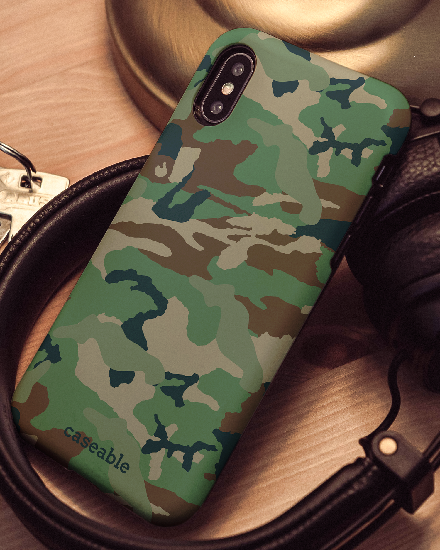 Green and Brown Camo Hard Shell Phone Case Apple iPhone X, Apple iPhone XS: Mood Shot