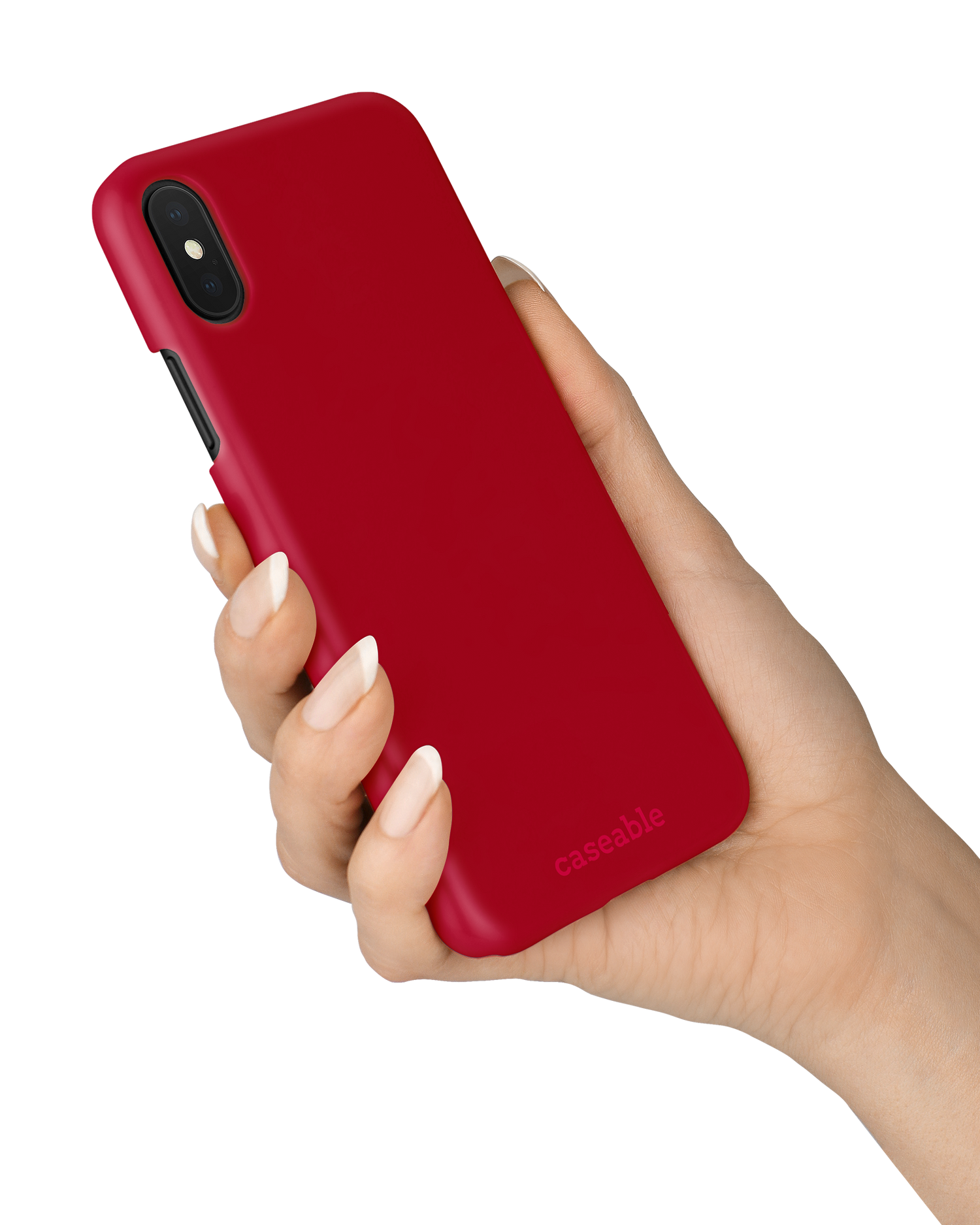 RED Hard Shell Phone Case Apple iPhone X, Apple iPhone XS held in hand