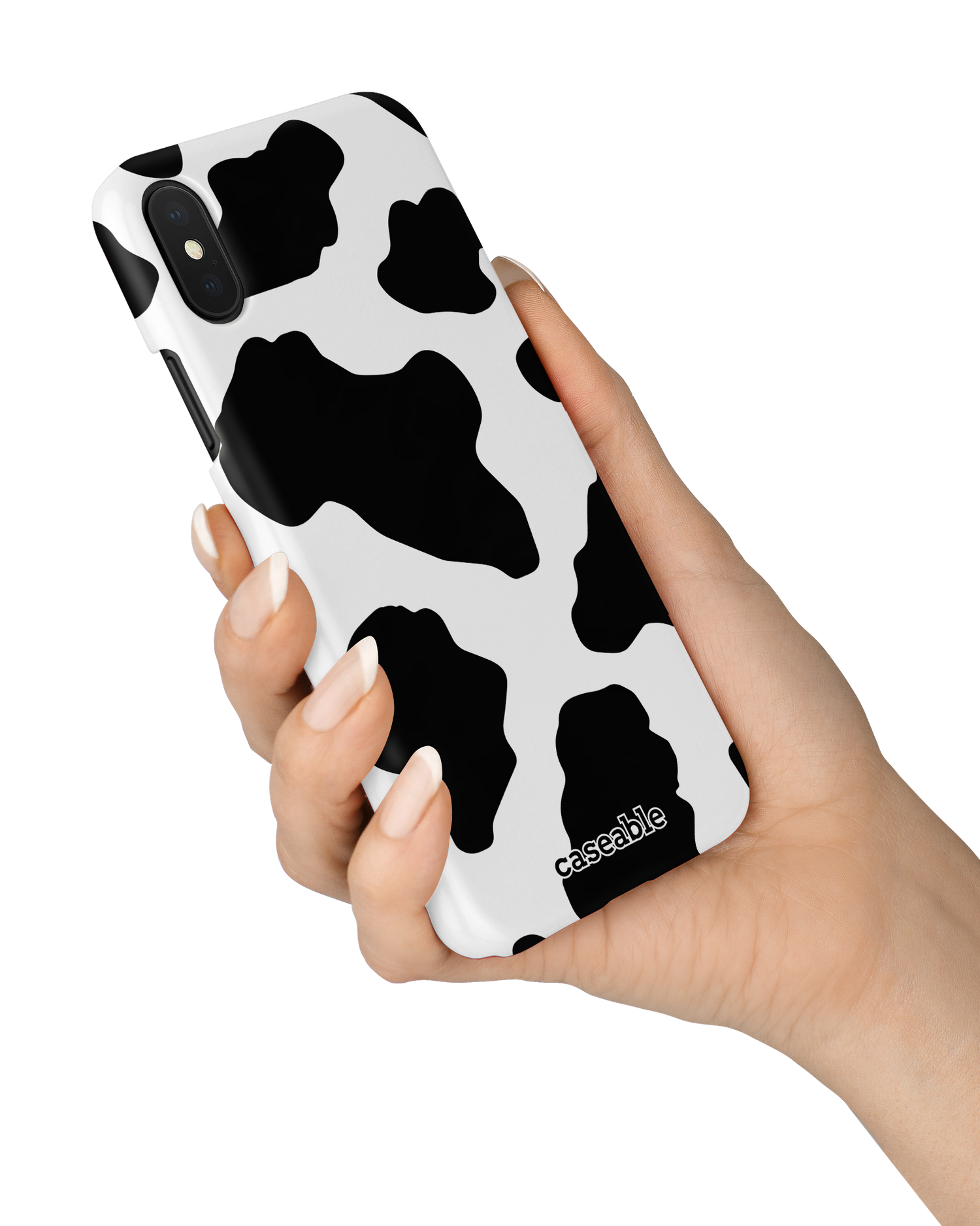 Cow Print 2 Hard Shell Phone Case Apple iPhone X, Apple iPhone XS held in hand