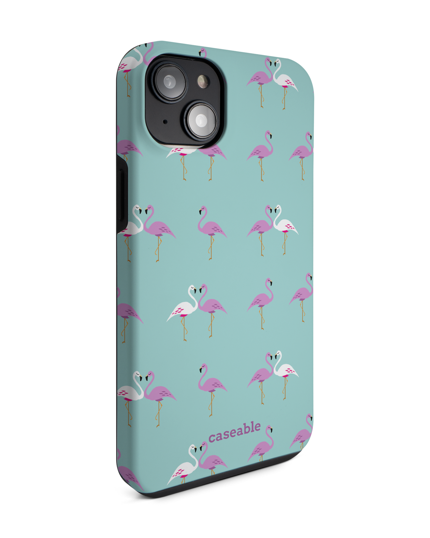 Two Flamingos Premium Phone Case for Apple iPhone 14 Plus: View from the left side