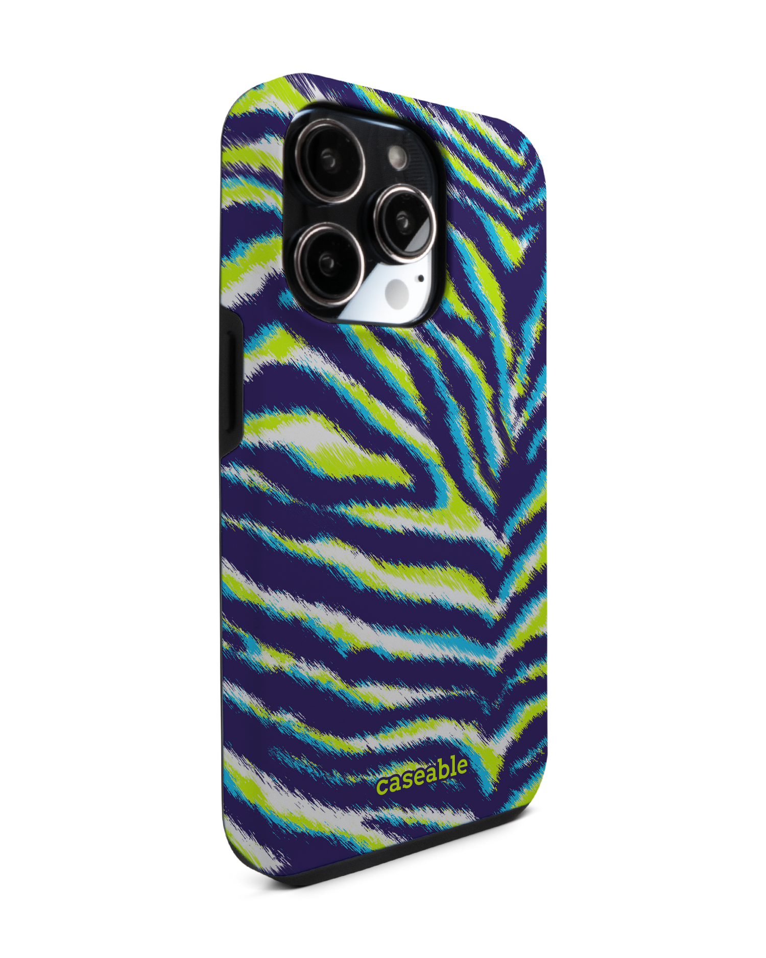 Neon Zebra Premium Phone Case for Apple iPhone 14 Pro: View from the left side