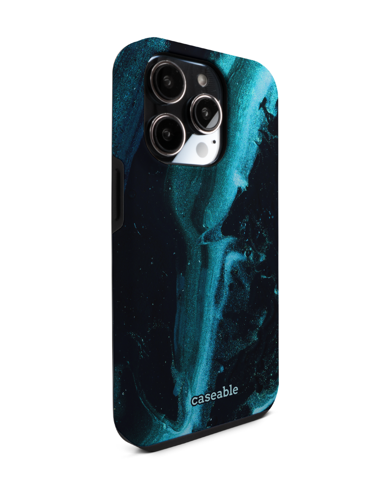 Deep Turquoise Sparkle Premium Phone Case for Apple iPhone 14 Pro: View from the left side
