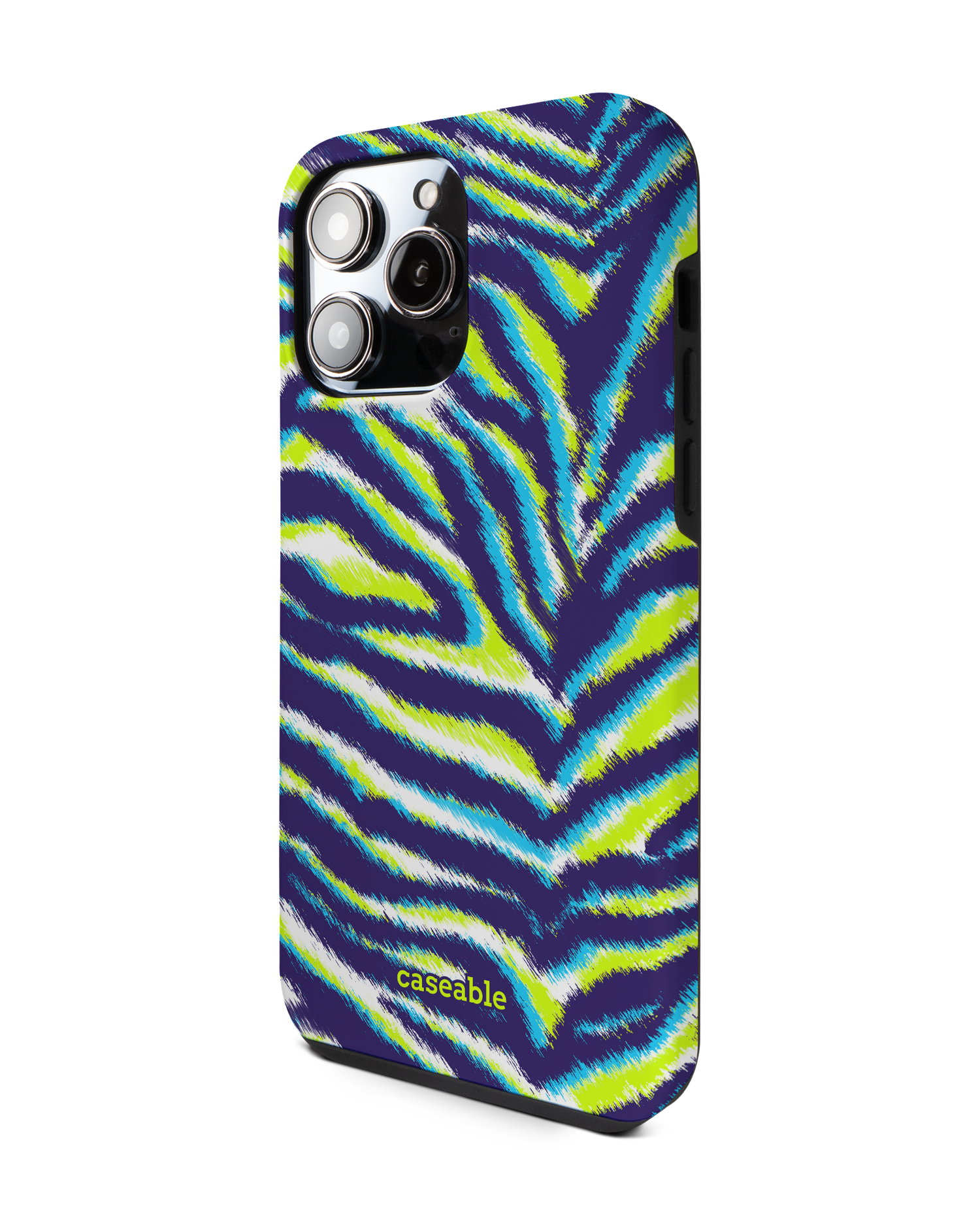 Neon Zebra Premium Phone Case for Apple iPhone 14 Pro Max: View from the right side